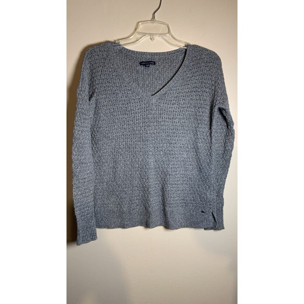 American Eagle Womens Sweater Size XS  Gray V-Neck Loose Knit Fall Winter
